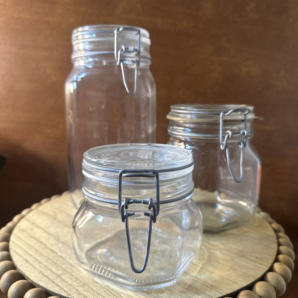 3-Fido Bormioli Rocco Wire Hinged Clear Glass Jar Made in Italy cottagecore